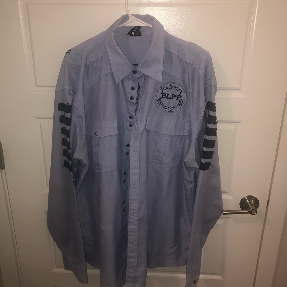 Light Blue Button-Up Shirt with Black Stripes